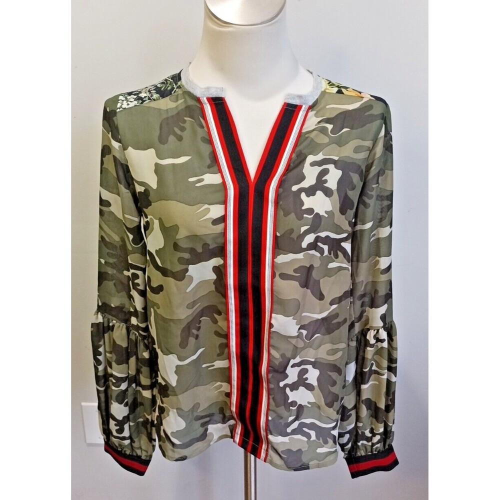 Scrapbook Camo Sheer Long Sleeve Womens Blouse Top CoverUp XS Bell Bottom Sleeve